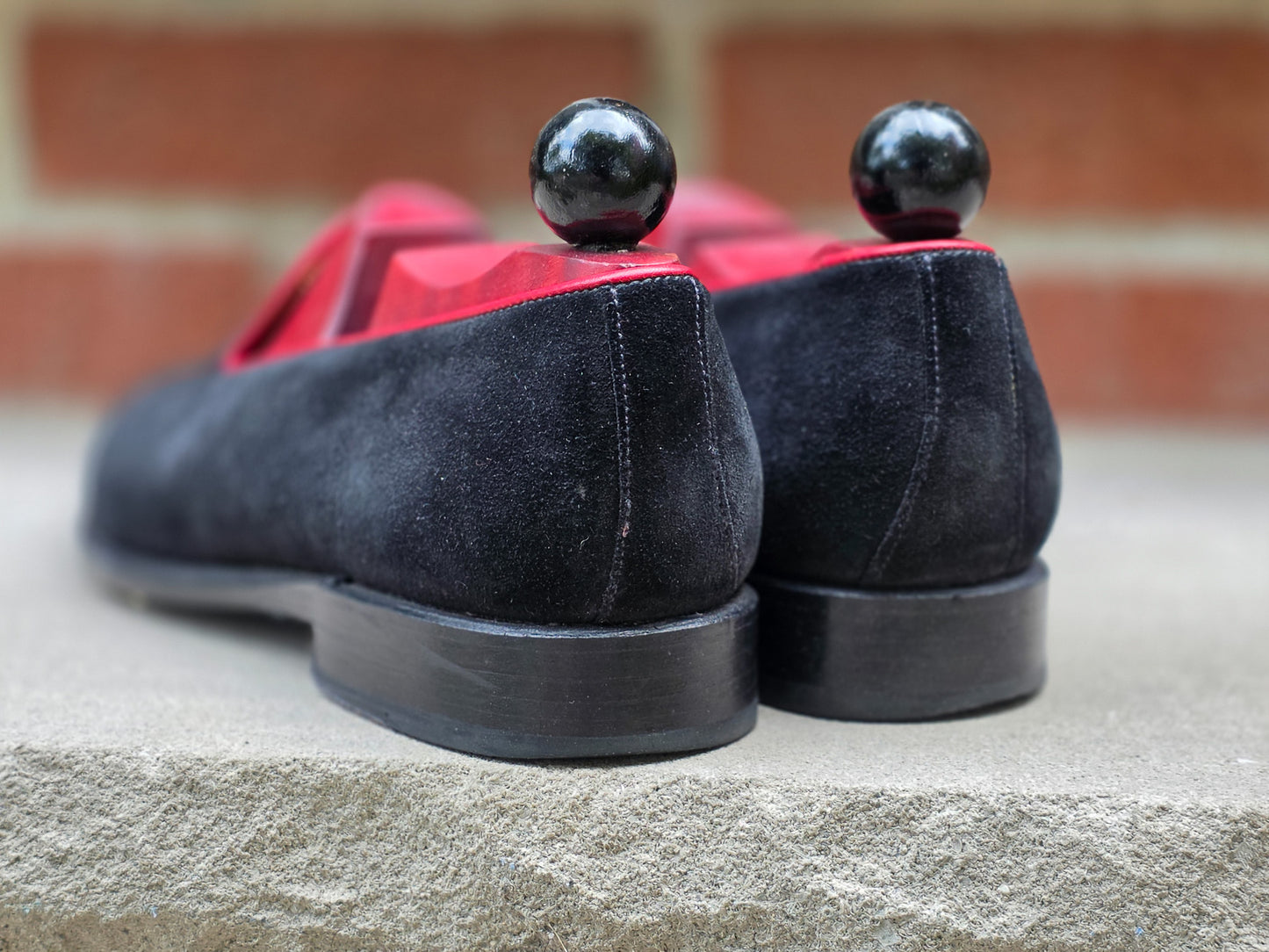 J.FitzPatrick - Whole Cut Loafers - Black Suede with Red Accents - US 8