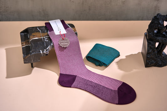 Twinkima.G - Houndstooth Socks - Purple/Cream (Mid-Calf)