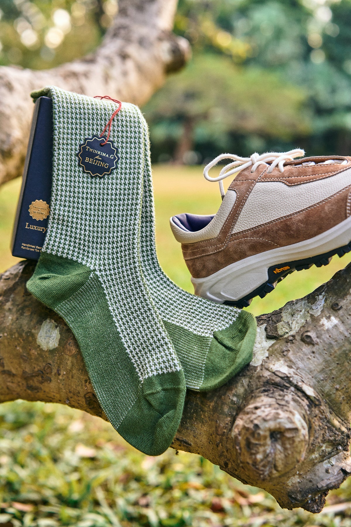 Twinkima.G - Cashmere Blend Socks - Olive/Pearl (Mid-Calf)