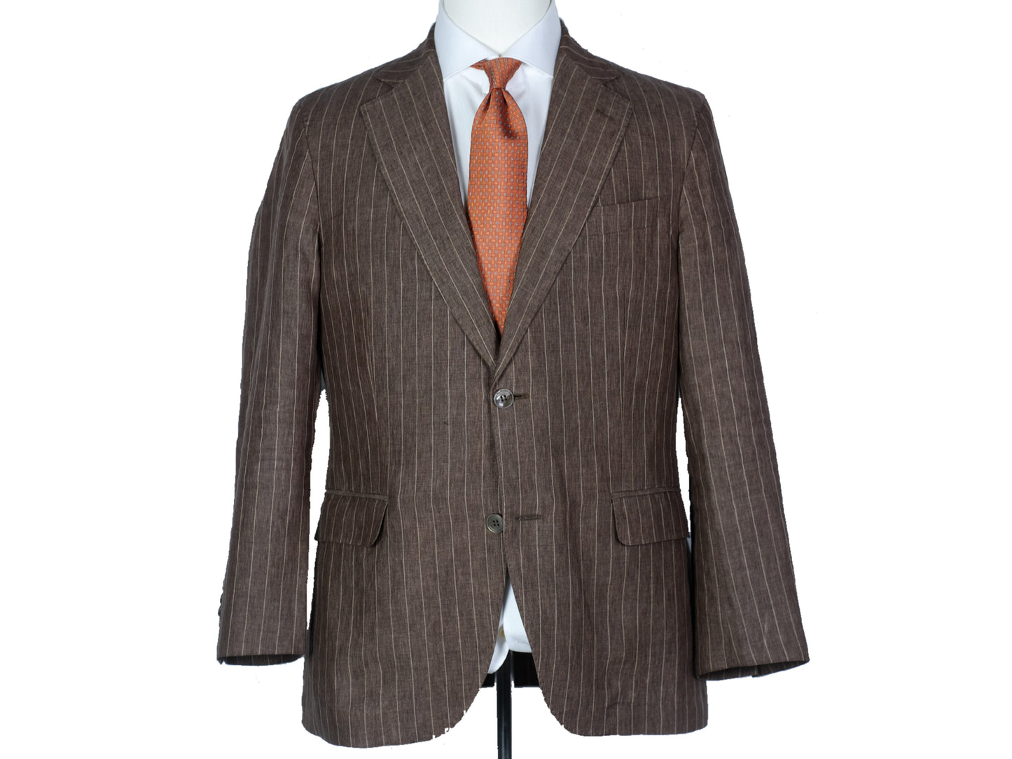 Brown pinstripe suit jacket with an orange tie on a white background