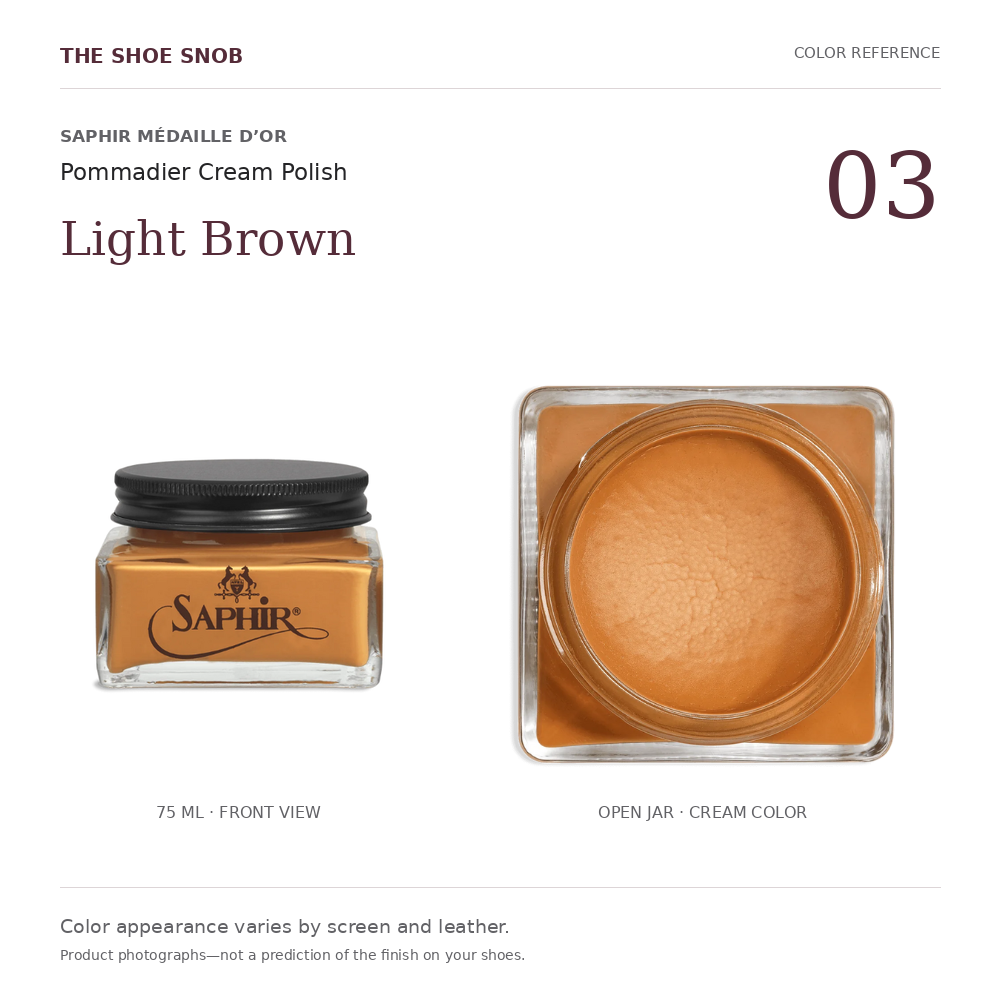 Saphir Pommadier cream polish color 03 Light Brown: jar and actual cream color. Colors vary with screen and leather.