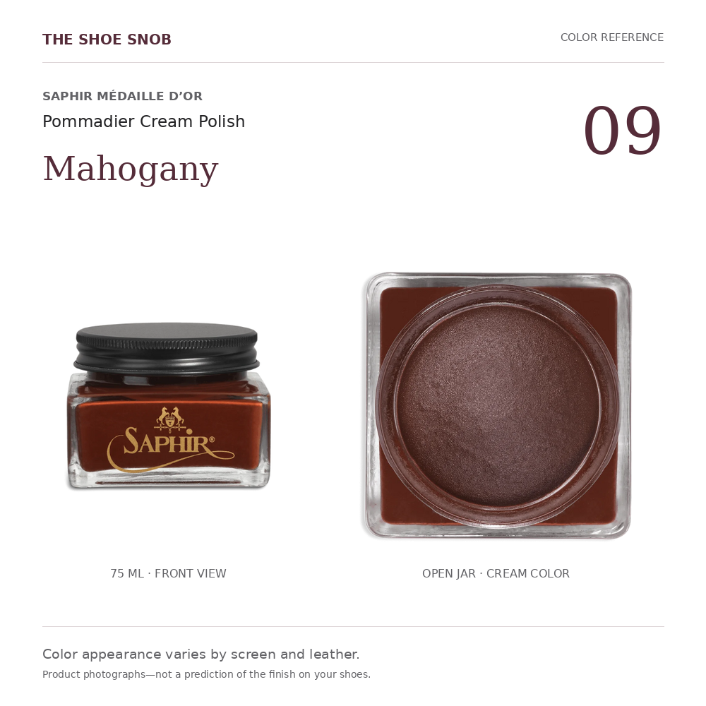 Saphir Pommadier cream polish color 09 Mahogany: jar and actual cream color. Colors vary with screen and leather.