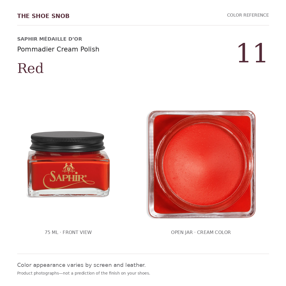 Saphir Pommadier cream polish color 11 Red: jar and actual cream color. Colors vary with screen and leather.