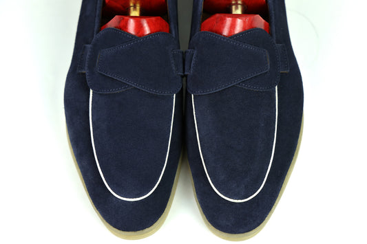 Sandpoint Soft Sole Butterfly Loafer – Navy Suede with White Piping - PRE SALE