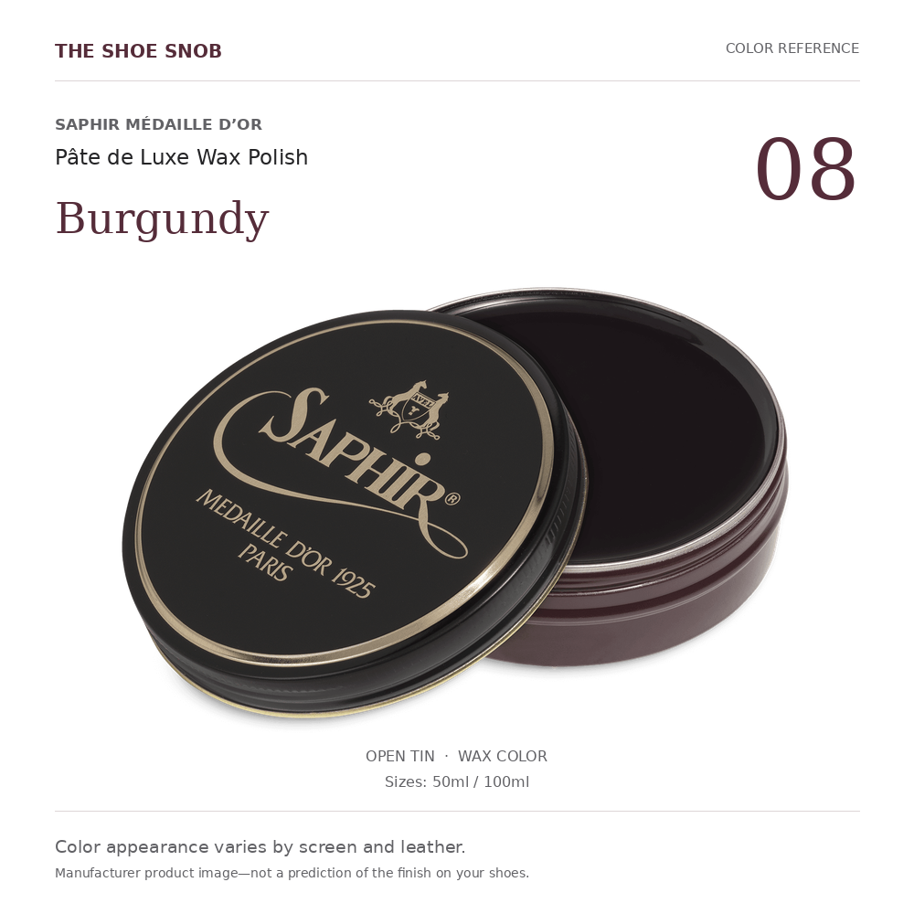 Saphir Médaille d’Or Pâte de Luxe Burgundy 08 wax color; offered in 50ml and 100ml