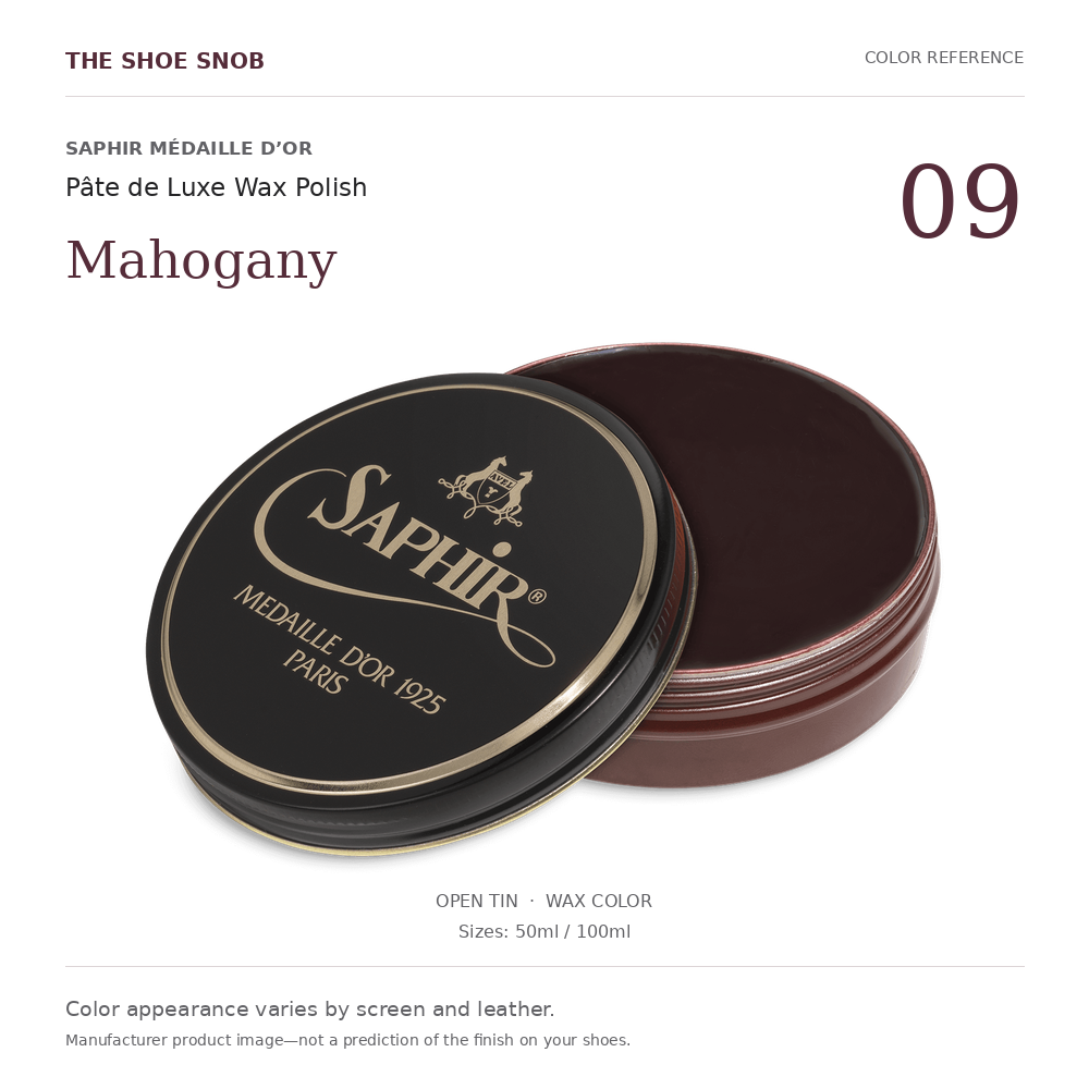 Saphir Médaille d’Or Pâte de Luxe Mahogany 09 wax color; offered in 50ml and 100ml