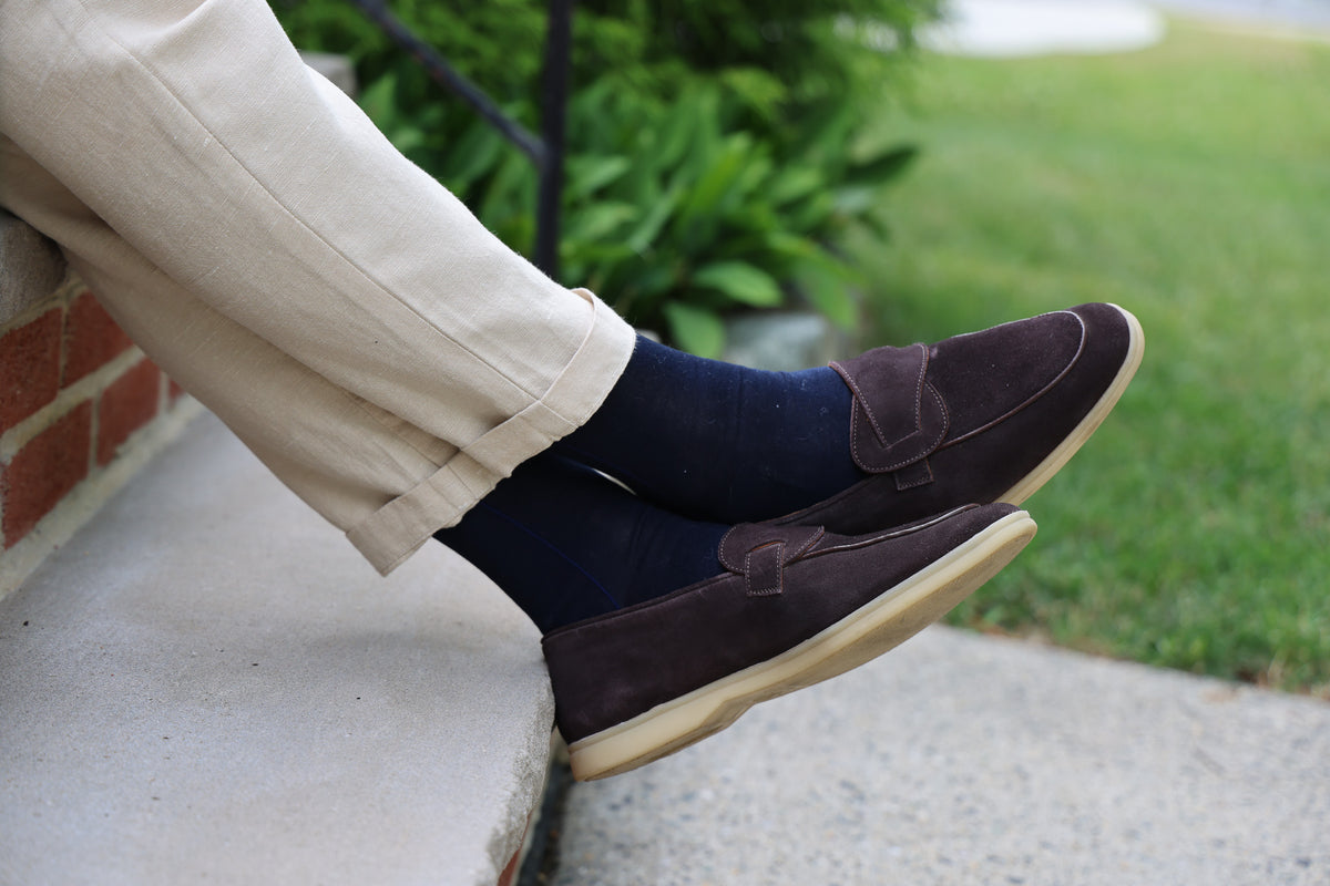 Sandpoint Soft Sole Butterfly Loafer – Dark Brown Suede with Dark Brown Piping