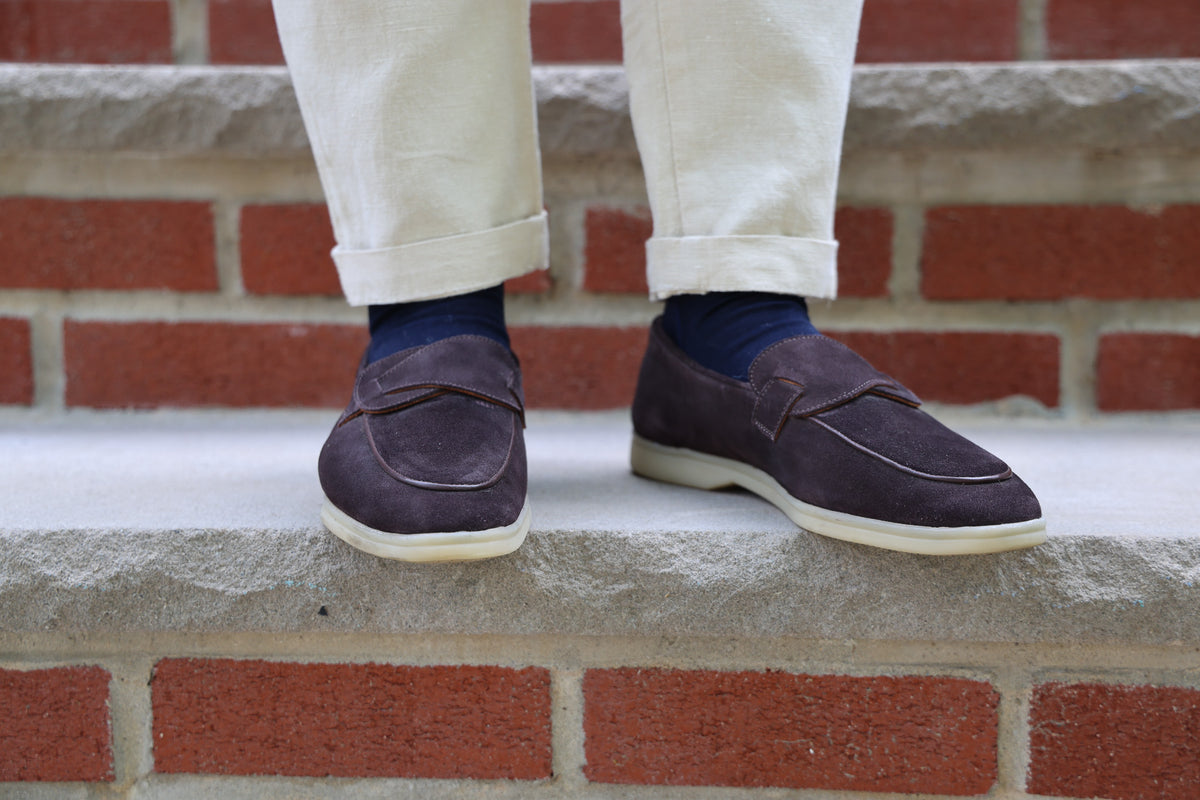 Sandpoint Soft Sole Butterfly Loafer – Dark Brown Suede with Dark Brown Piping