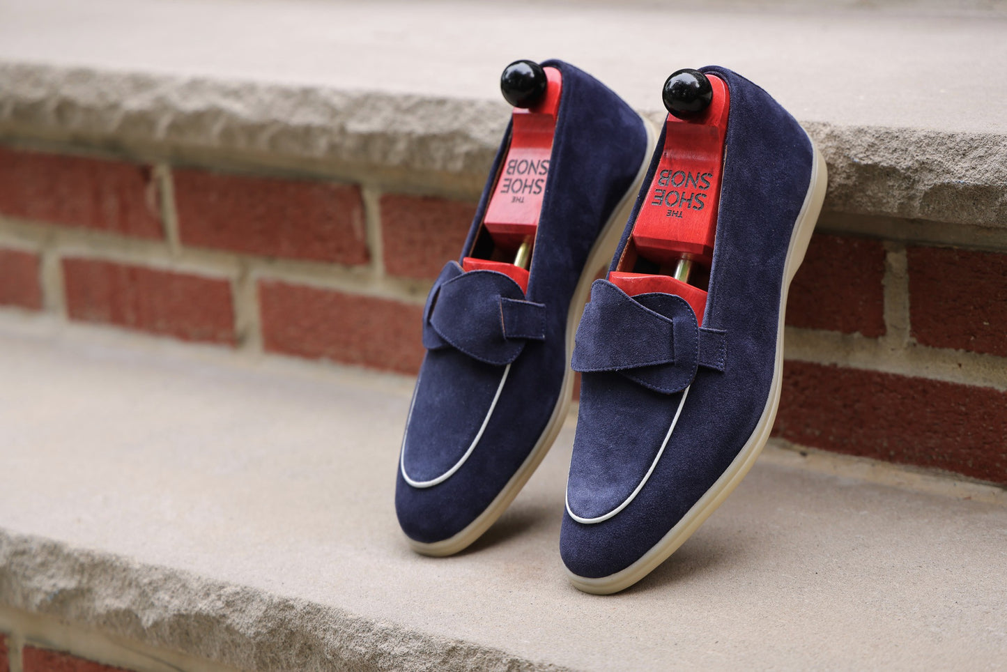 Sandpoint Soft Sole Butterfly Loafer – Navy Suede with White Piping - PRE SALE