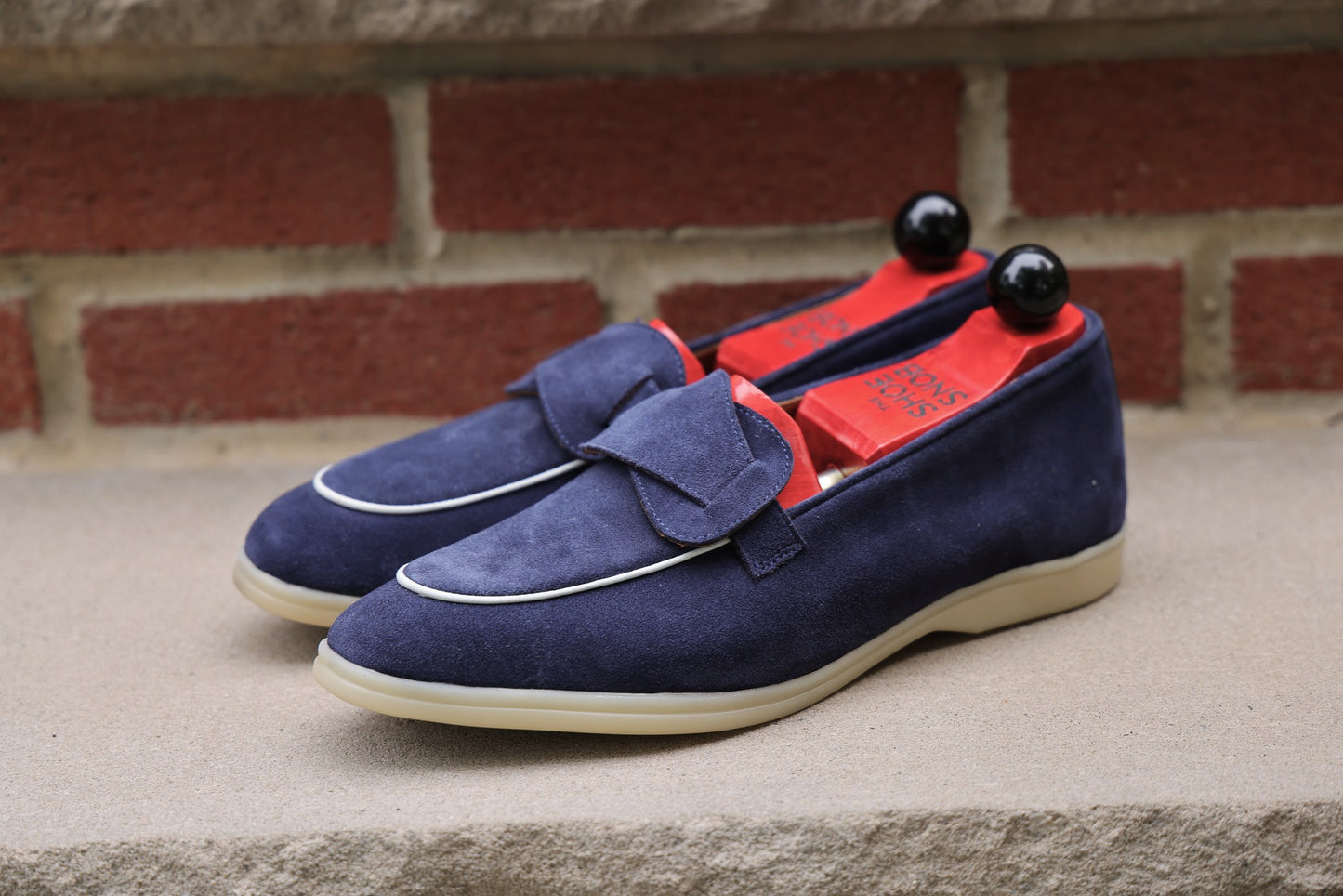 Sandpoint Soft Sole Butterfly Loafer – Navy Suede with White Piping - PRE SALE