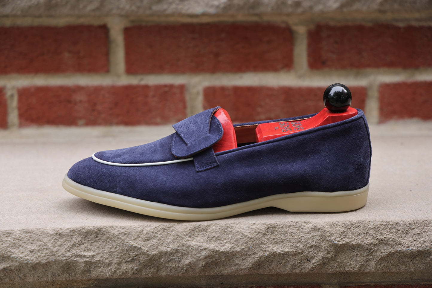 Sandpoint Soft Sole Butterfly Loafer – Navy Suede with White Piping - PRE SALE