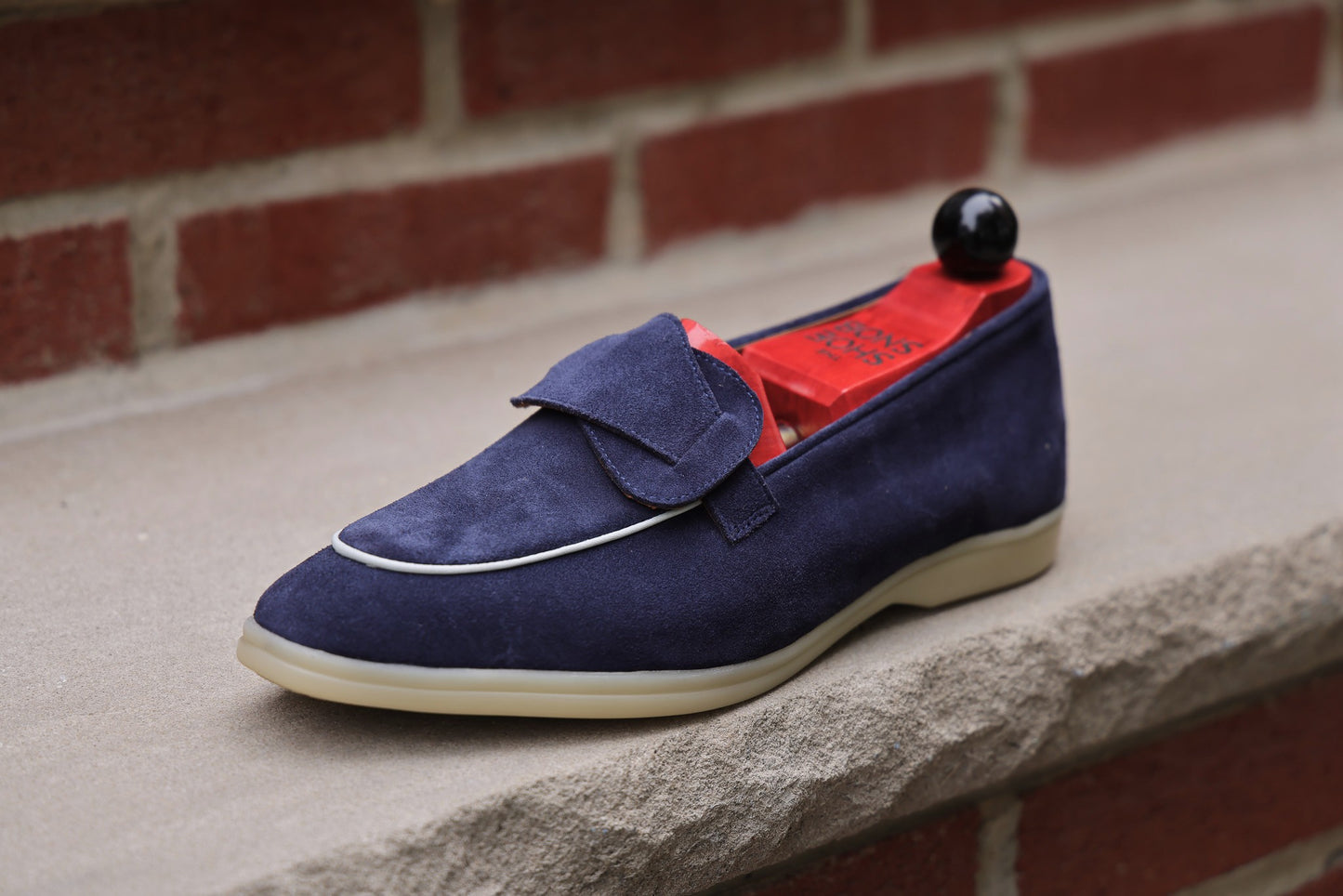 Sandpoint Soft Sole Butterfly Loafer – Navy Suede with White Piping - PRE SALE