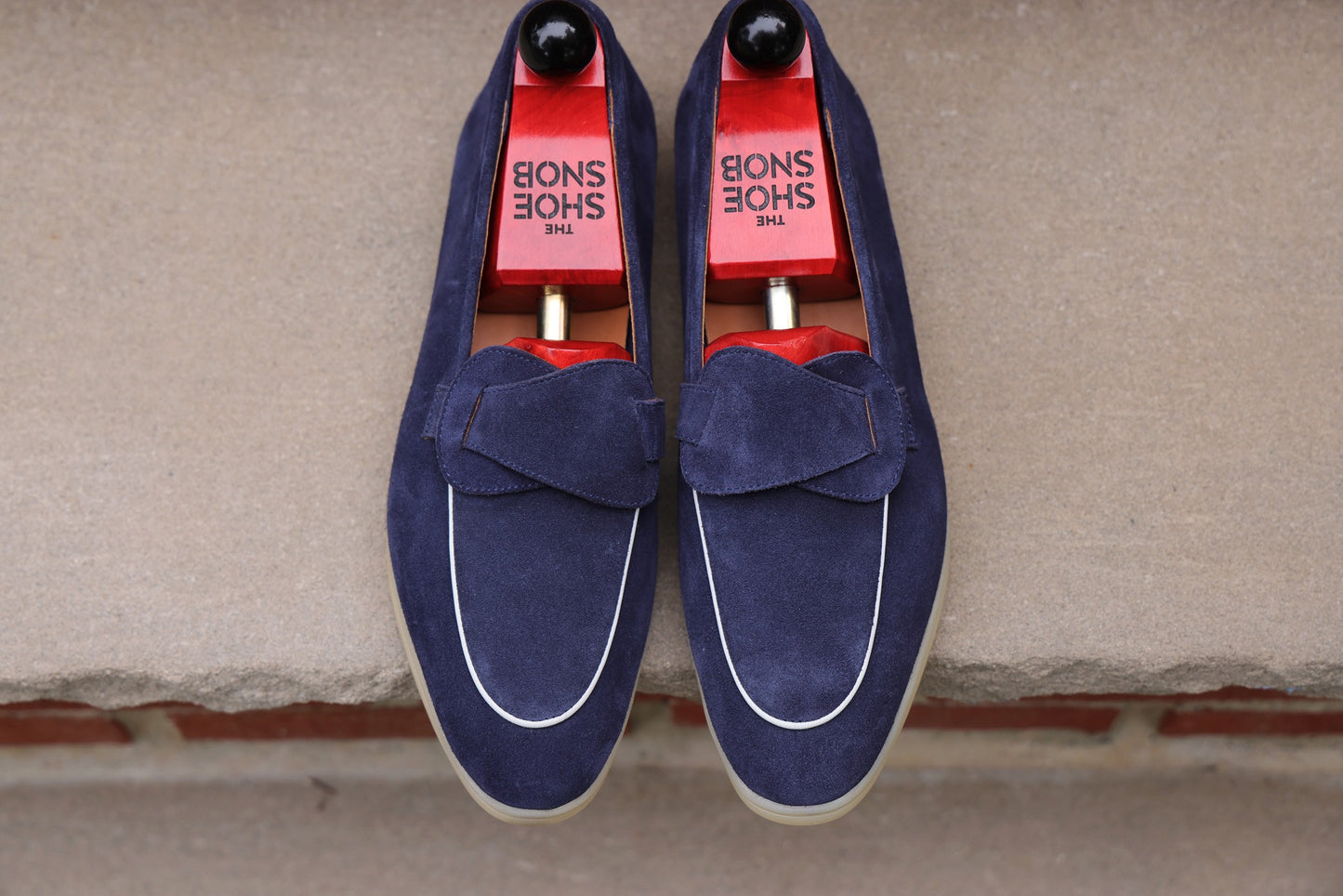 Sandpoint Soft Sole Butterfly Loafer – Navy Suede with White Piping - PRE SALE