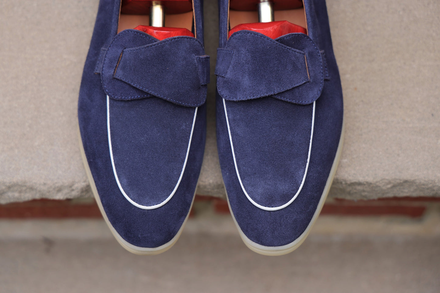Sandpoint Soft Sole Butterfly Loafer – Navy Suede with White Piping - PRE SALE