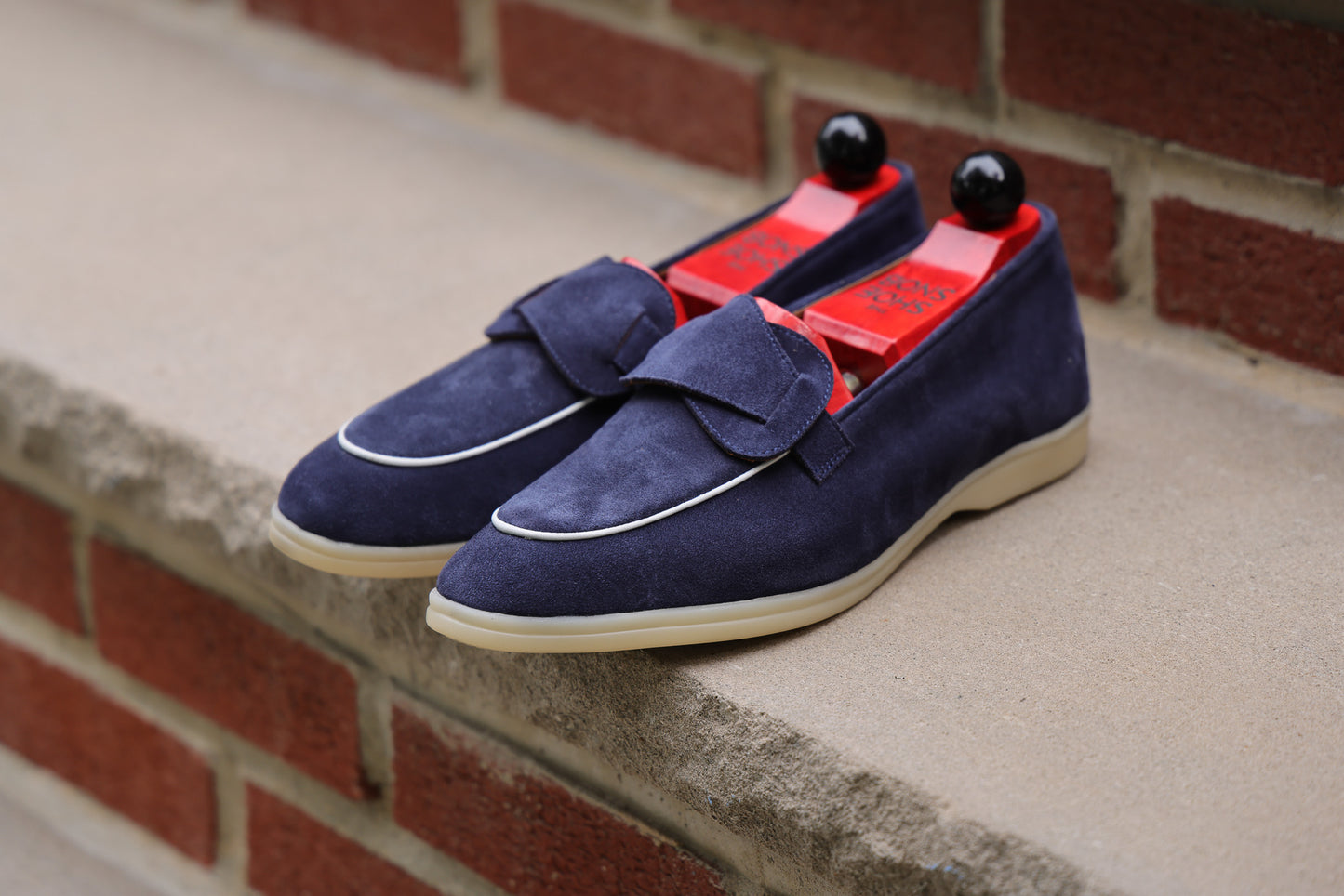 Sandpoint Soft Sole Butterfly Loafer – Navy Suede with White Piping - PRE SALE