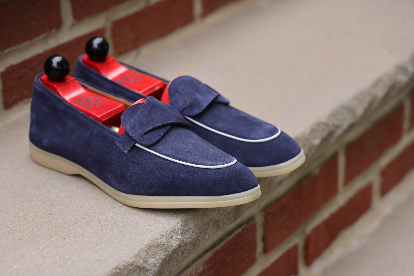 Sandpoint Soft Sole Butterfly Loafer – Navy Suede with White Piping - PRE SALE