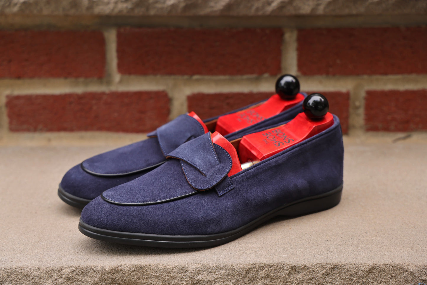 Sandpoint Soft Sole Butterfly Loafer – Navy Suede with Black Piping - PRE SALE