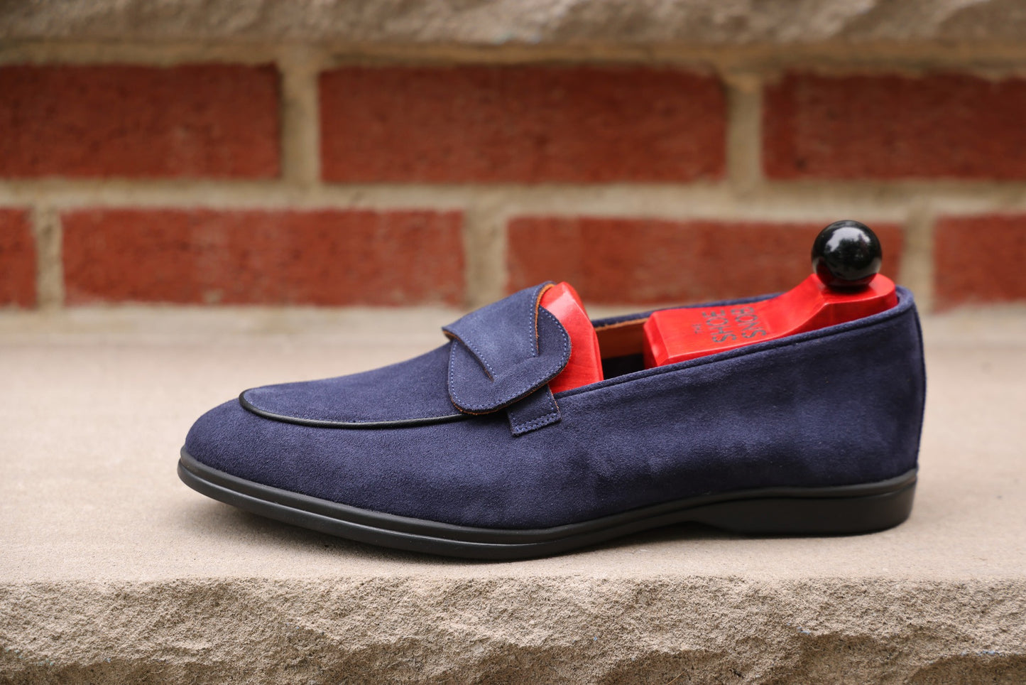 Sandpoint Soft Sole Butterfly Loafer – Navy Suede with Black Piping - PRE SALE