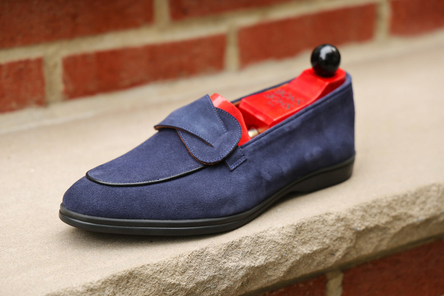 Sandpoint Soft Sole Butterfly Loafer – Navy Suede with Black Piping - PRE SALE