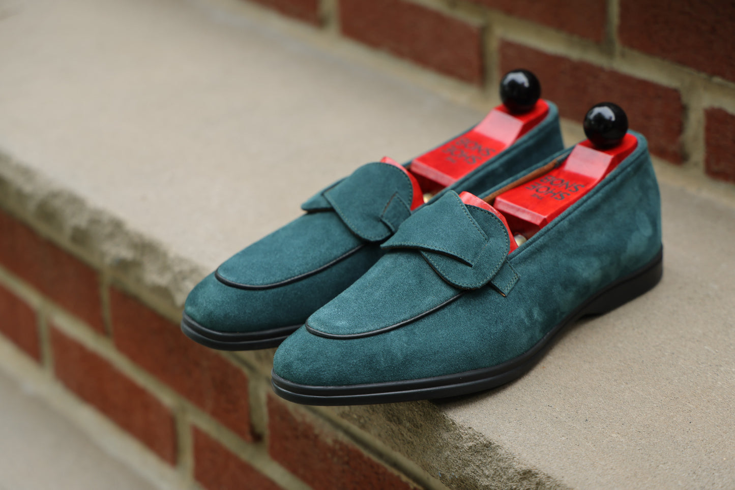 Sandpoint Soft Sole Butterfly Loafer – Deep Teal Suede with Black Piping - PRE SALE