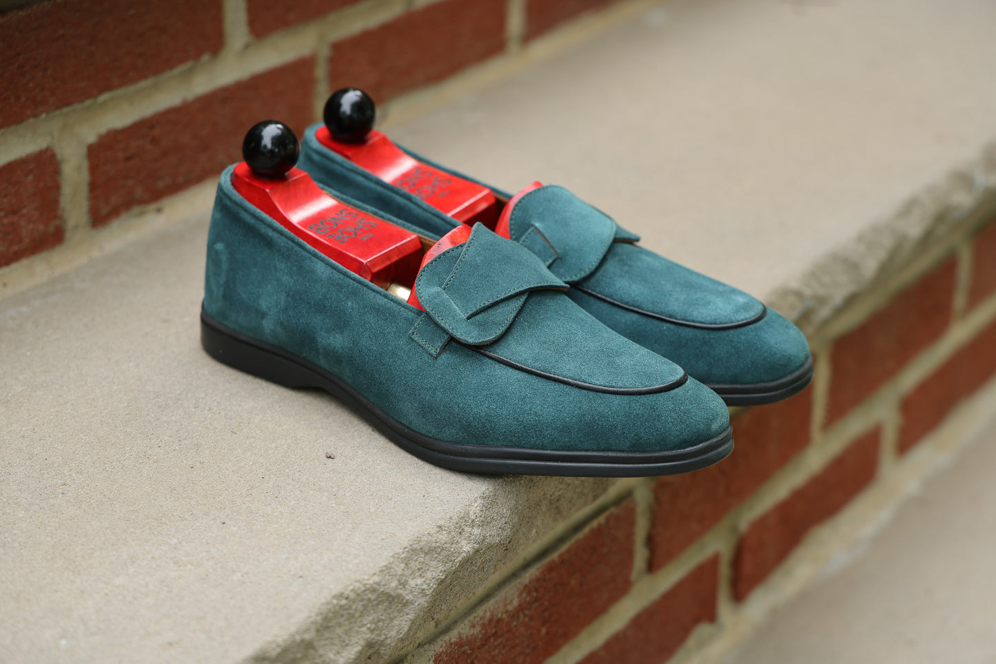 Sandpoint Soft Sole Butterfly Loafer – Deep Teal Suede with Black Piping - PRE SALE