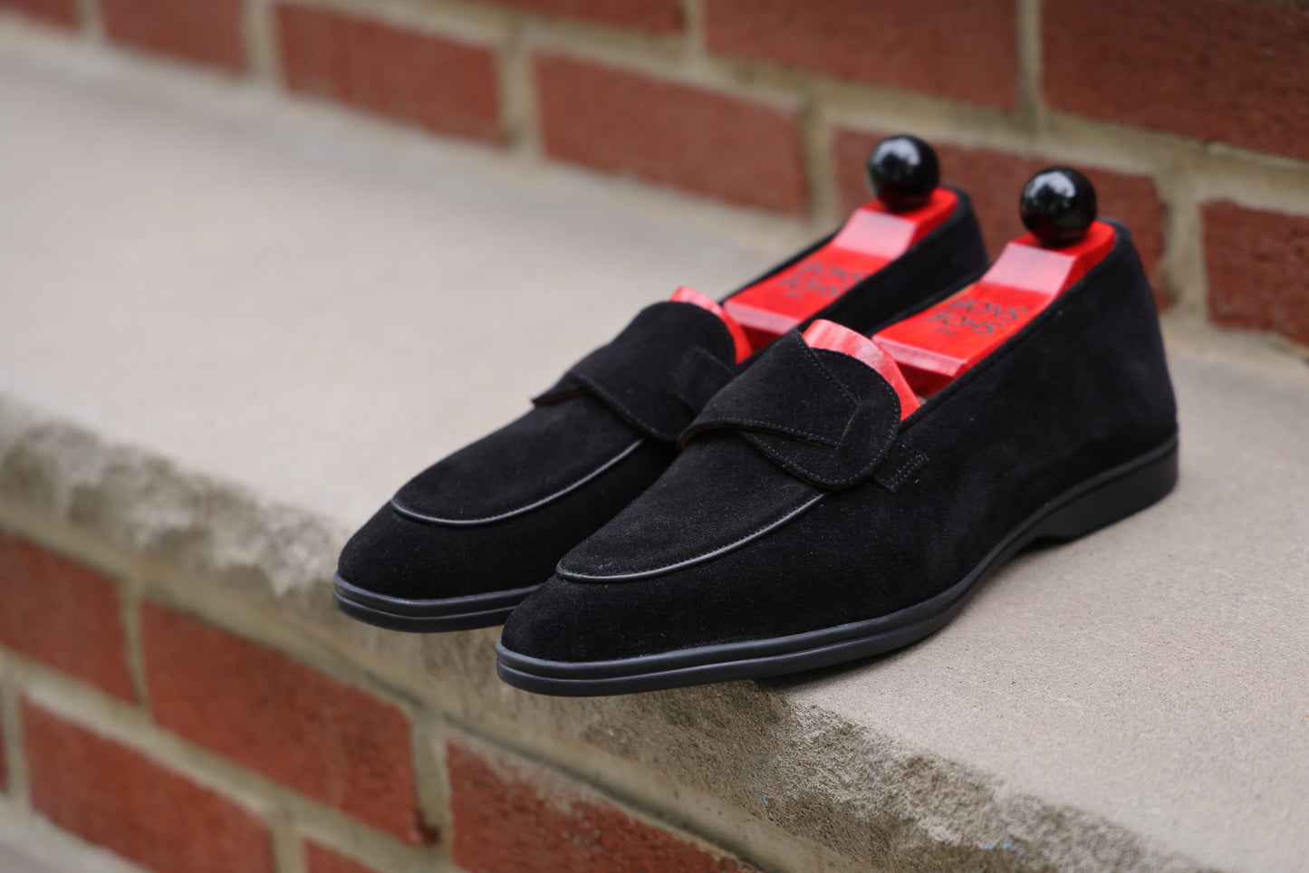 Sandpoint Soft Sole Butterfly Loafer – Black Suede with Black Piping - PRE SALE