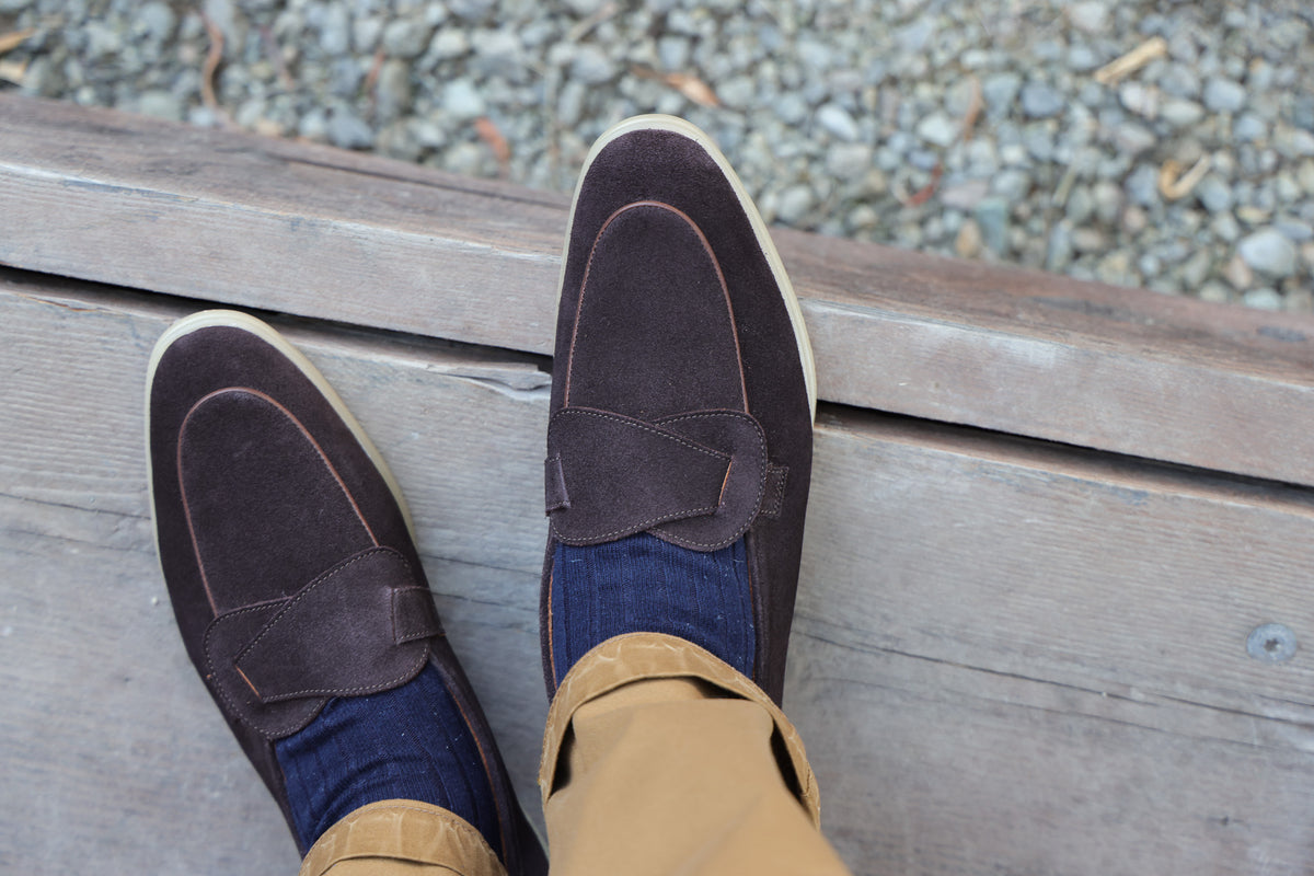 Sandpoint Soft Sole Butterfly Loafer – Dark Brown Suede with Dark Brown Piping
