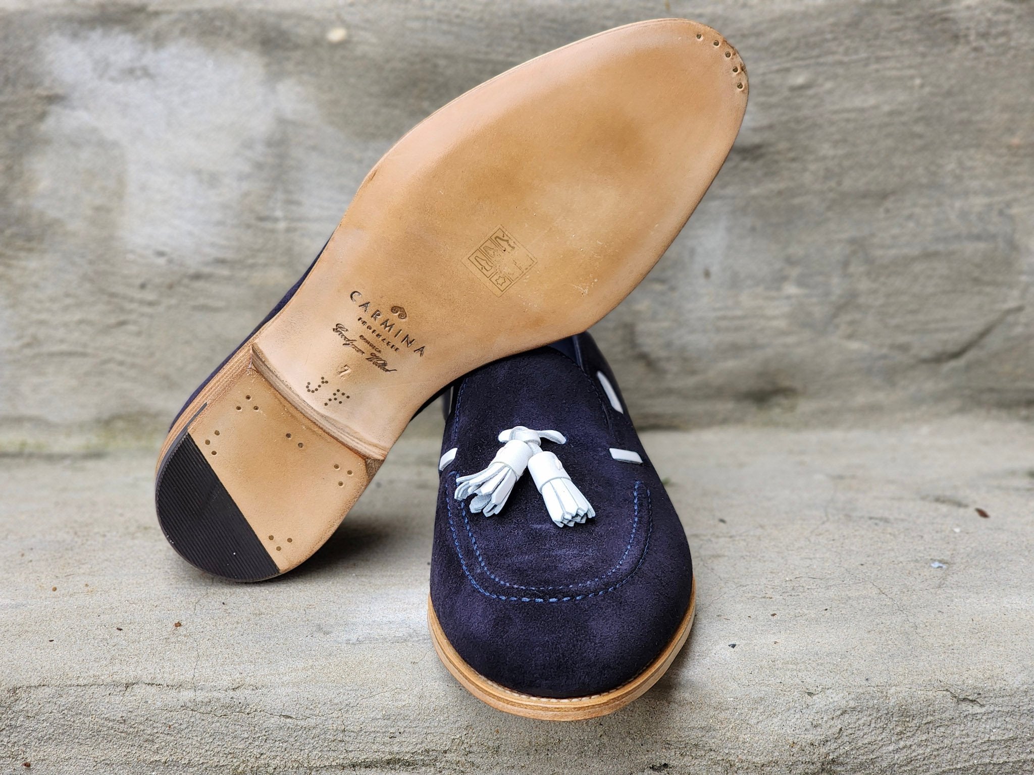 Carmina - Suede Tassel Loafers - Navy/White Tassel – The