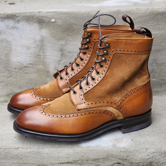 Herring - Brogued Derby Boot - Tan Grain/Snuff Suede - US 7.5