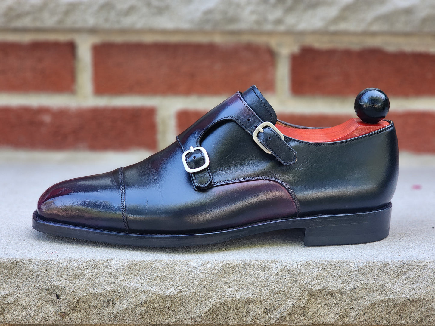 J.FitzPatrick - Double Monk Strap - Black Calf Reverse Red Burnish - US 7.5