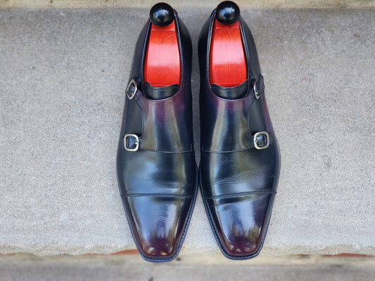 J.FitzPatrick - Double Monk Strap - Black Calf Reverse Red Burnish - US 7.5