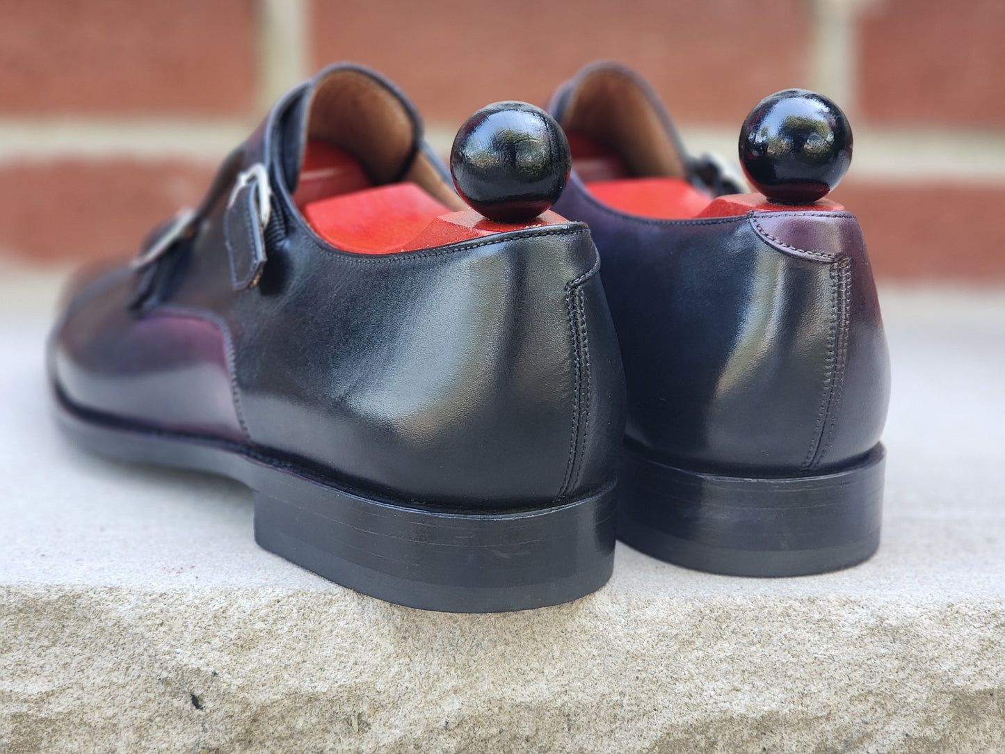 J.FitzPatrick - Double Monk Strap - Black Calf Reverse Red Burnish - US 7.5