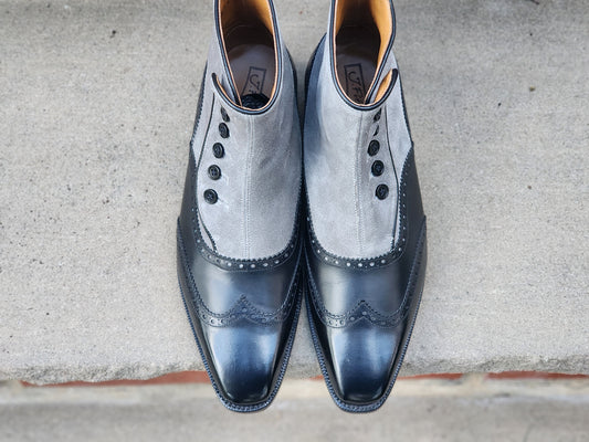 J.FitzPatrick - Button Boots - Black Calf/Grey Suede  - US 7