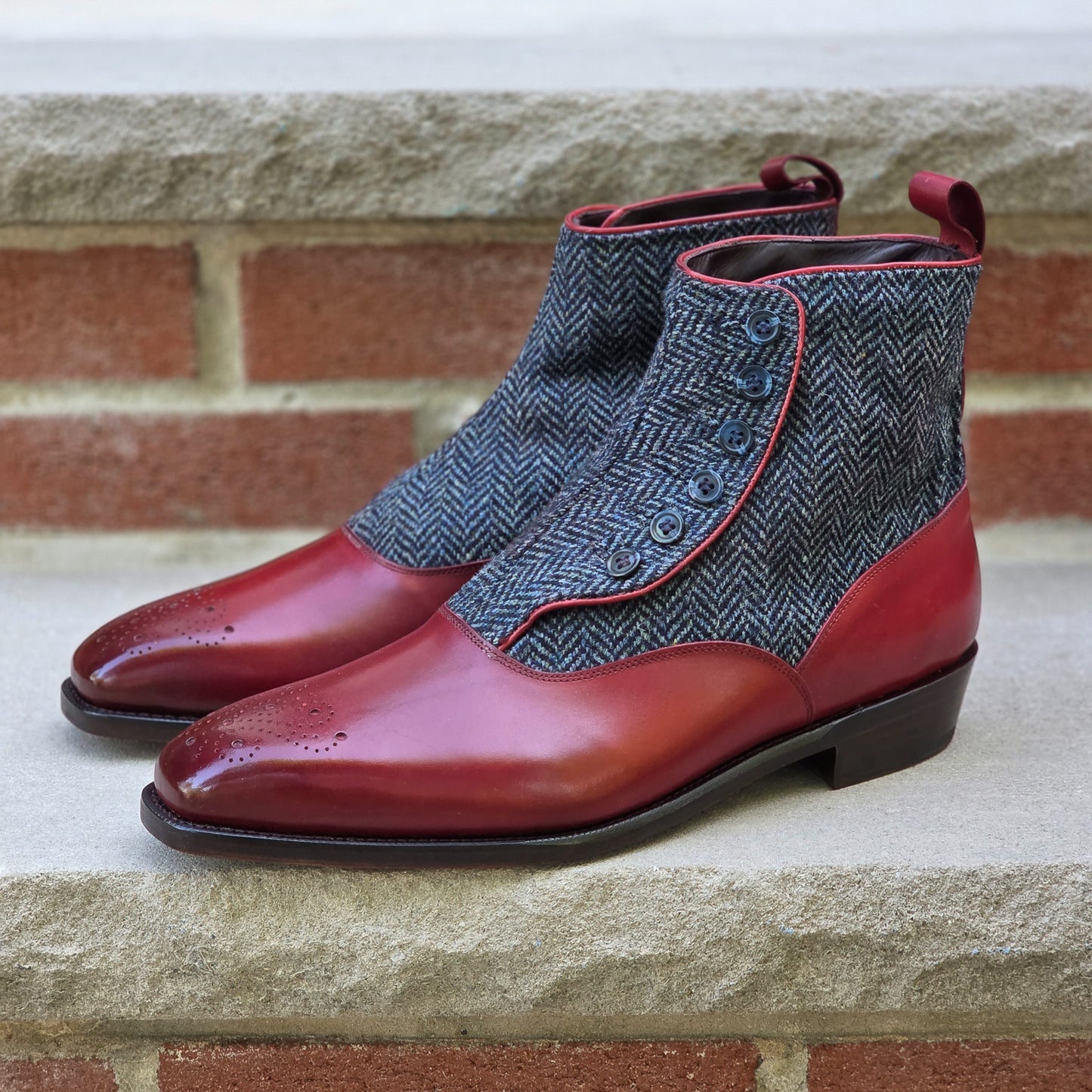 J.FitzPatrick - Button Boots - Burgundy Calf/Blue Tweed - US 8.5