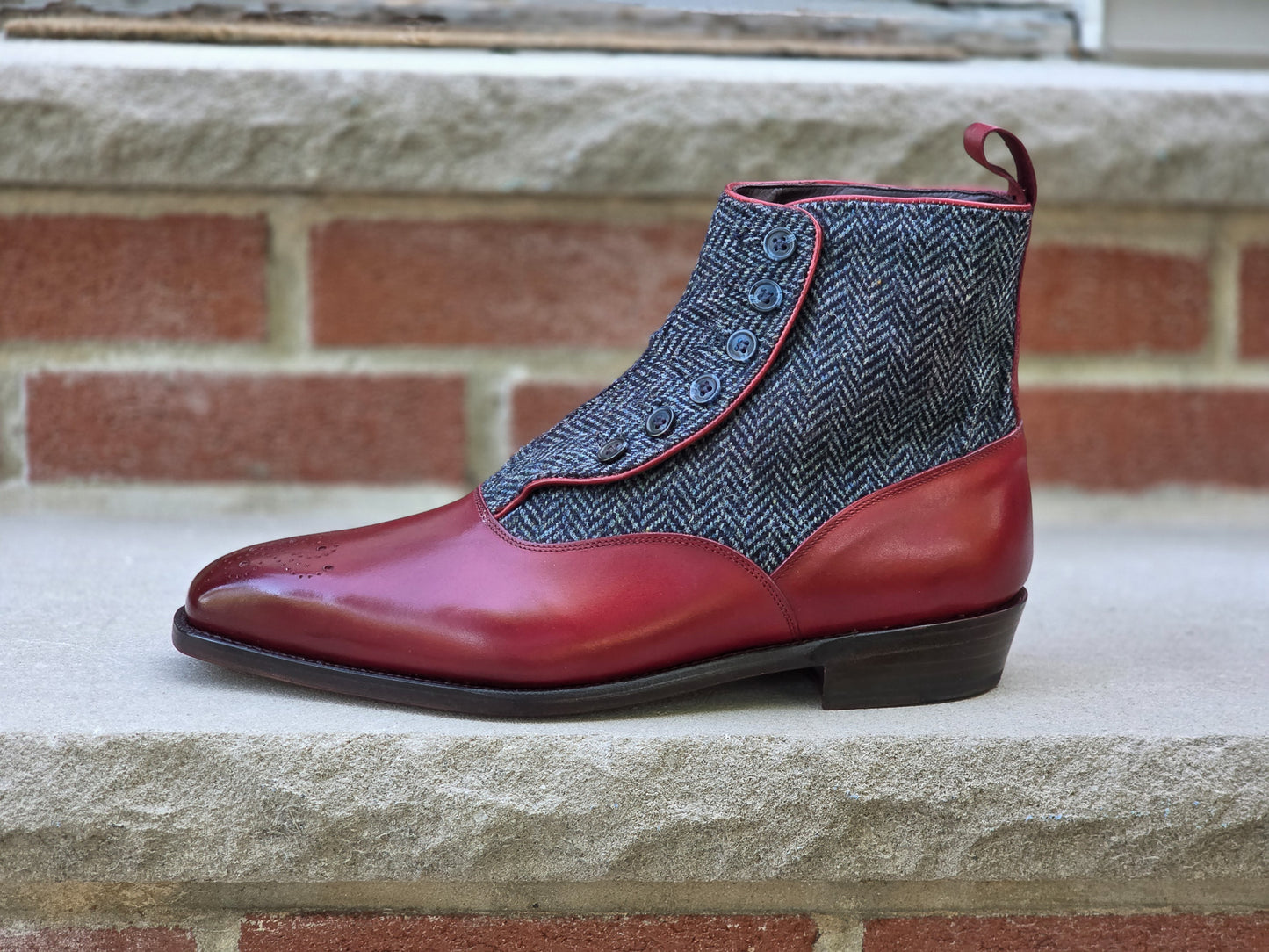 J.FitzPatrick - Button Boots - Burgundy Calf/Blue Tweed - US 8.5