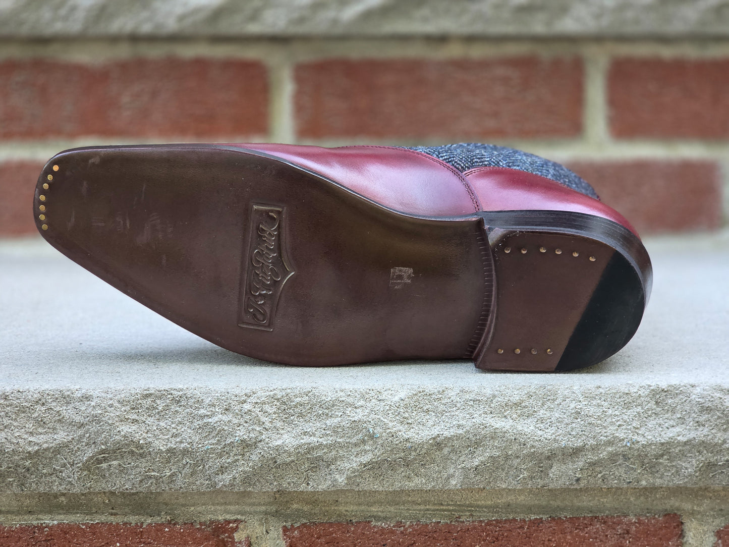 J.FitzPatrick - Button Boots - Burgundy Calf/Blue Tweed - US 8.5
