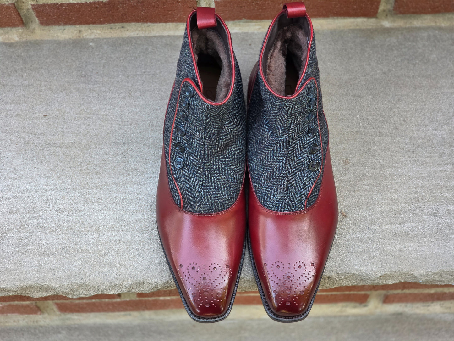 J.FitzPatrick - Button Boots - Burgundy Calf/Blue Tweed - US 8.5