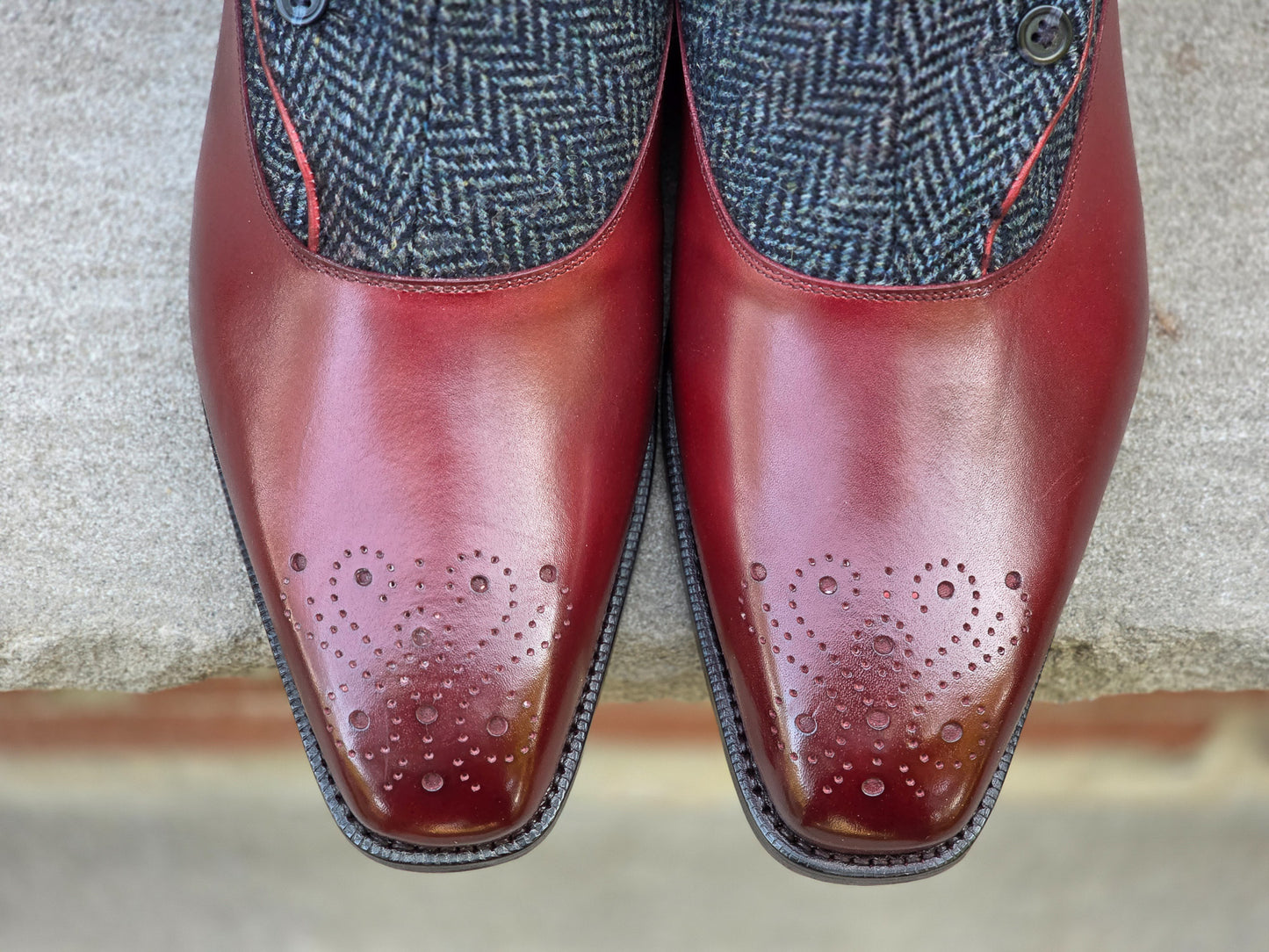 J.FitzPatrick - Button Boots - Burgundy Calf/Blue Tweed - US 8.5