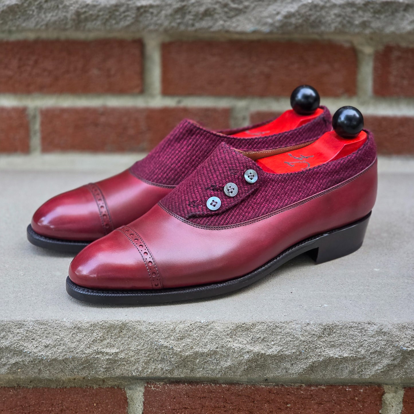J.FitzPatrick - Button Shoes - Burgundy Calf/Tweed - US 7.5