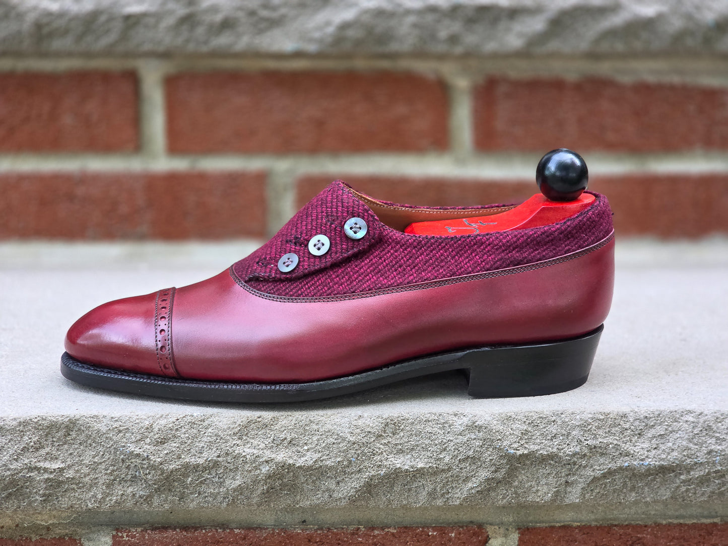J.FitzPatrick - Button Shoes - Burgundy Calf/Tweed - US 7.5