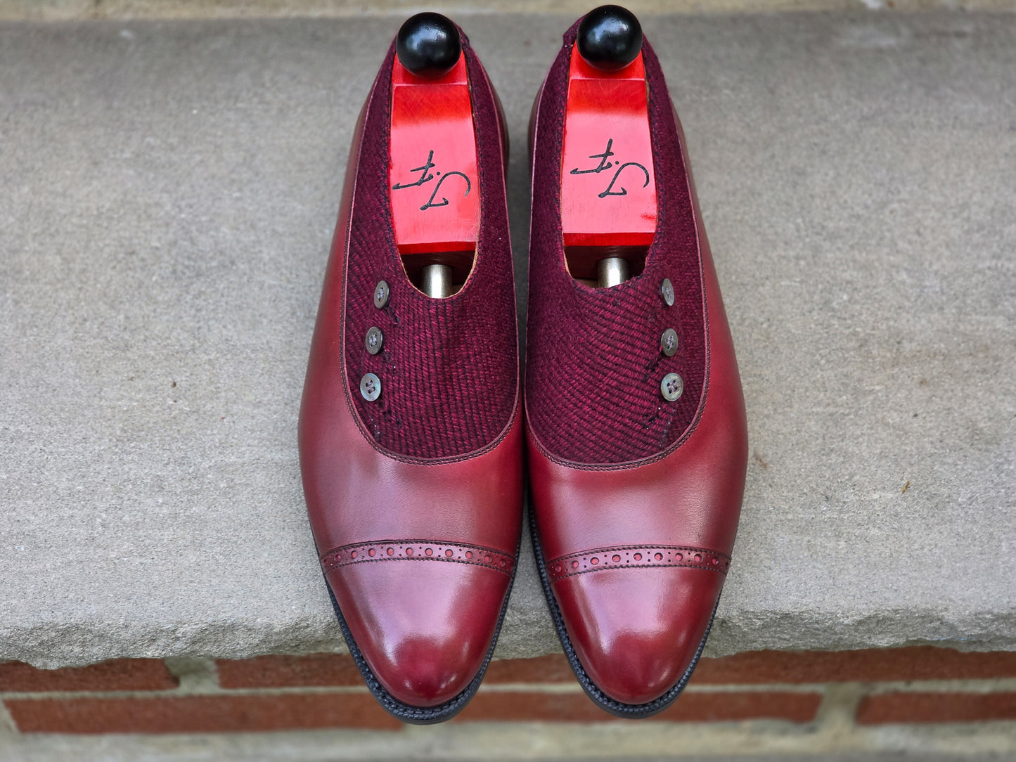 J.FitzPatrick - Button Shoes - Burgundy Calf/Tweed - US 7.5
