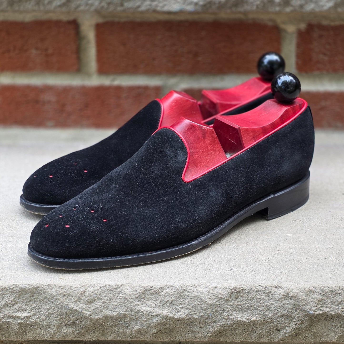 J.FitzPatrick - Whole Cut Loafers - Black Suede with Red Accents - US 8