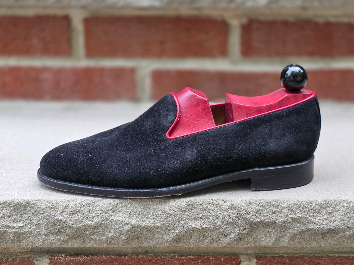 J.FitzPatrick - Whole Cut Loafers - Black Suede with Red Accents - US 8