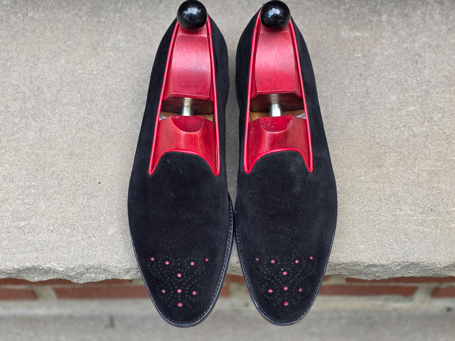J.FitzPatrick - Whole Cut Loafers - Black Suede with Red Accents - US 8