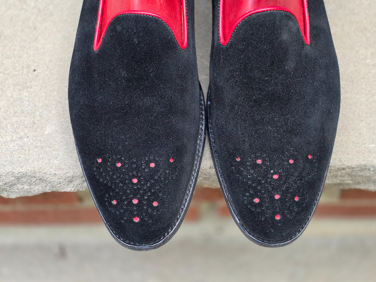 J.FitzPatrick - Whole Cut Loafers - Black Suede with Red Accents - US 8