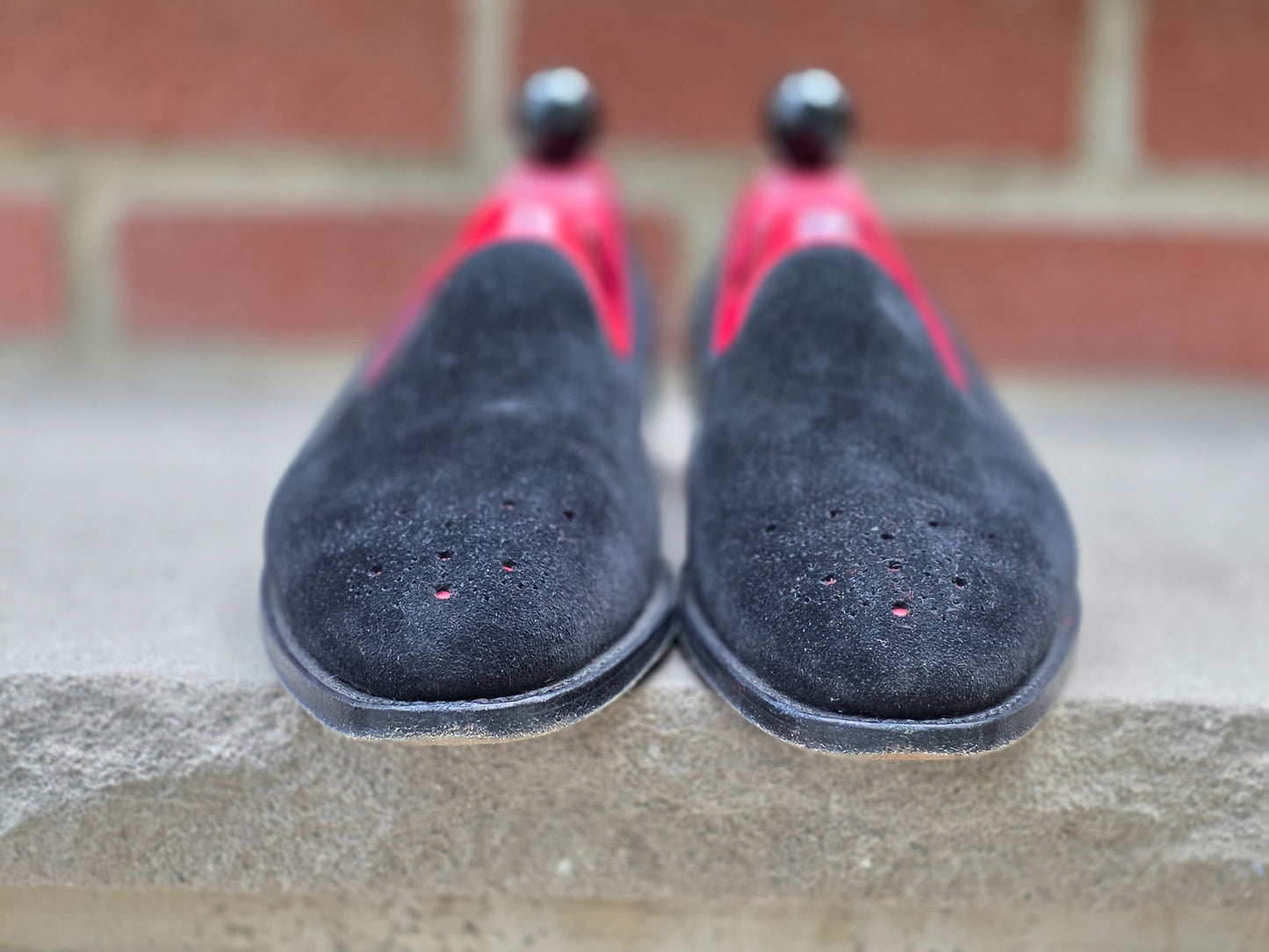 J.FitzPatrick - Whole Cut Loafers - Black Suede with Red Accents - US 8
