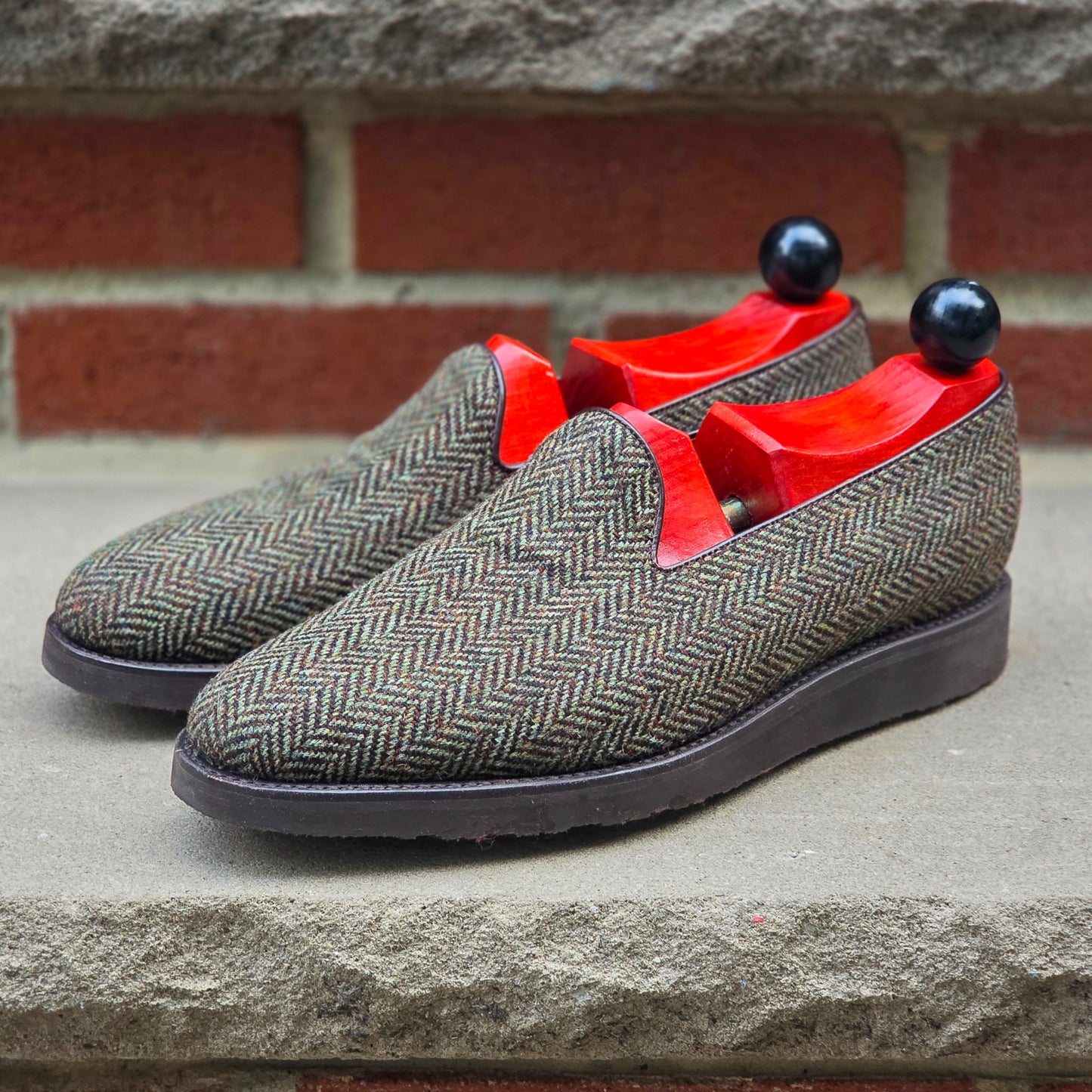 J.FitzPatrick - Whole Cut Loafers - Green Herringbone Tweed - US 8