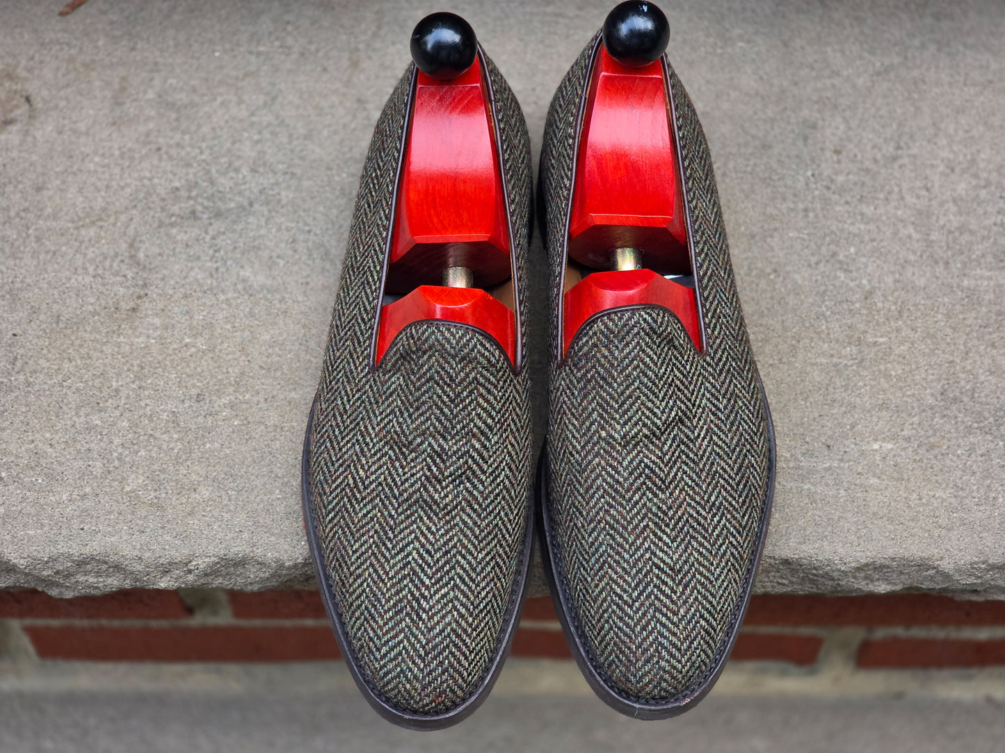 J.FitzPatrick - Whole Cut Loafers - Green Herringbone Tweed - US 8