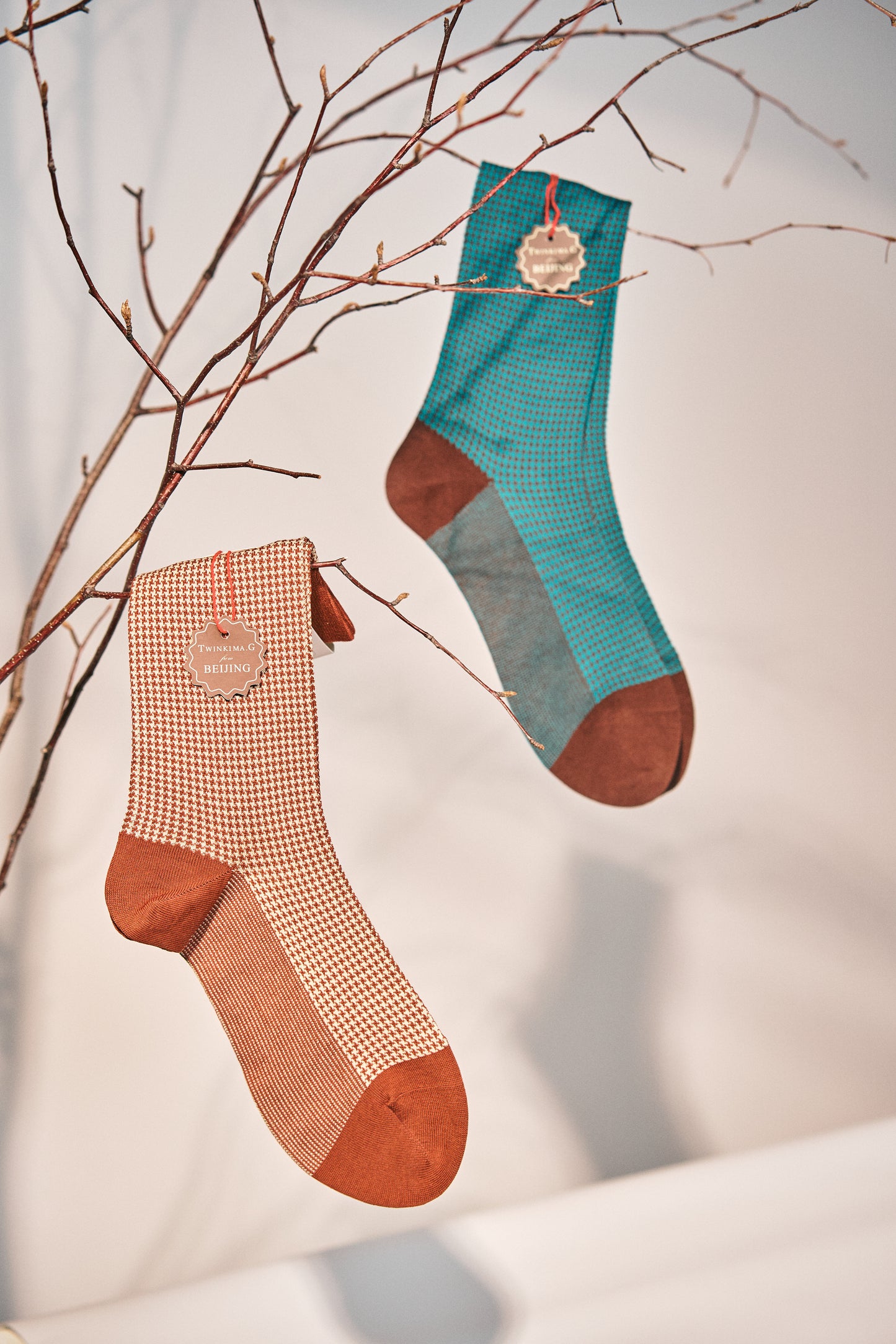Twinkima.G - Houndstooth Socks - Rust/Beige (Mid-Calf)