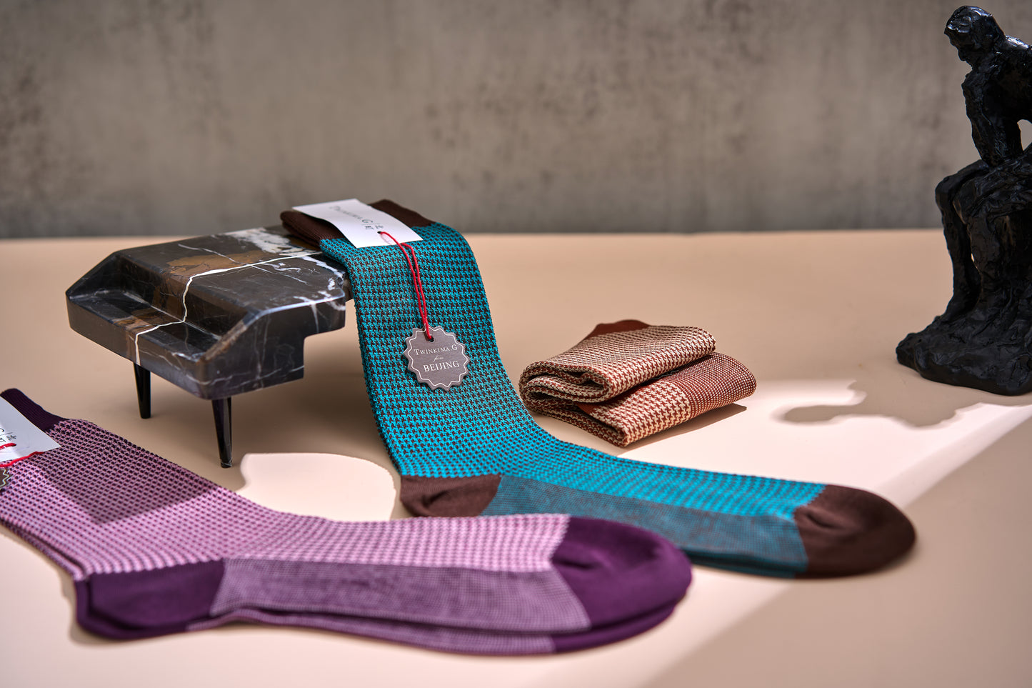 Twinkima.G - Houndstooth Socks - Brown/Turquoise (Mid-Calf)